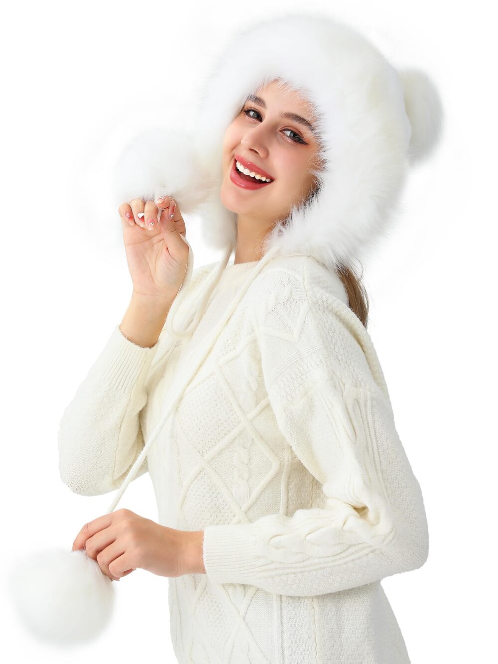 6520 Faux Fox Fur Pom Pom Hat and Hand Muffs 2pc Set - Picture 3 of 9